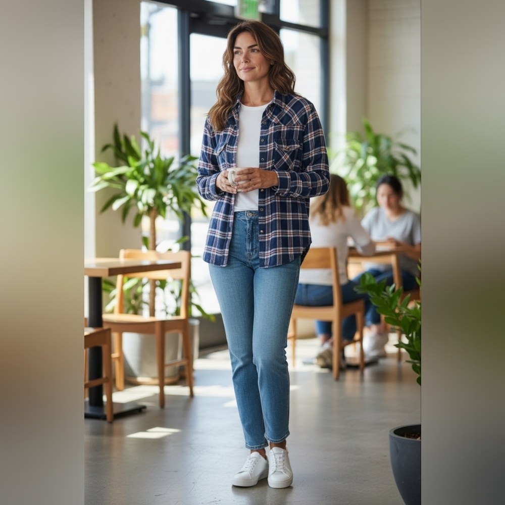 JACHS Girlfriend Blue and White Plaid Button Down Shirt
